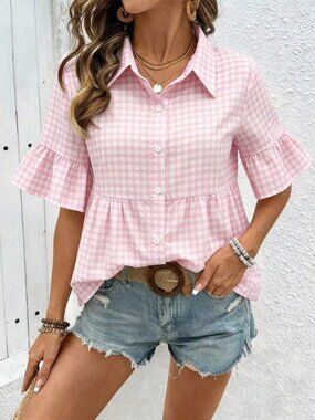 Baby Pink Casual Women's Pleated Flared Sleeves Plaid Blouse